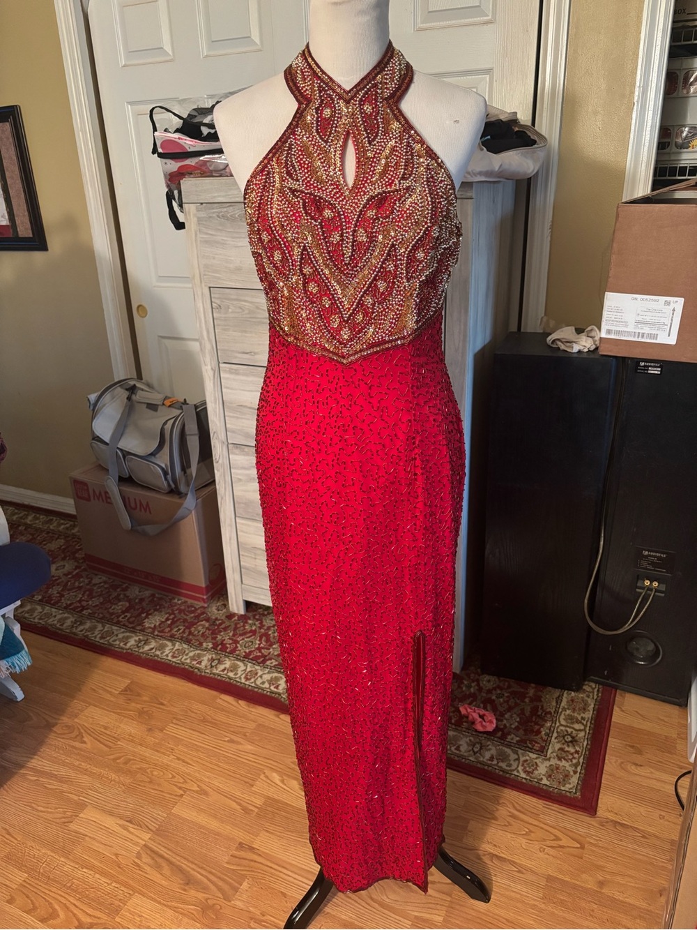 Laurence Kazar Vintage Red silk maxi dress with gold and red beaded halter neck